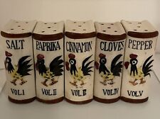 Set of 5 Vintage Book End Rooster Spice Jars Pepper Cloves Paprika Cinnamon Salt picture