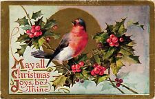 Vintage Postcard- Bird on holly, May all Christmas Joys picture