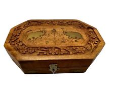 Vintage Hand Carved Wood Brass Elephant Trinket Jewelry Treasure Box Velvet Line picture