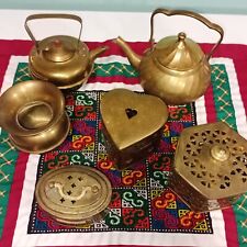 Lot Of Vintage Brass Tea Pots Trinkets Cricket Boxes picture