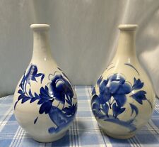 Japan White / Blue Stoneware (2) pottery Sake Large Bottles vase 10.5
