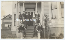 circa 1912 . Group of Young Men on a porch . Large neighborhood House RPPC picture