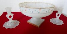 Antique French Opaline H.Painted Compote/Footed Bowl & Pair of Candles Gold trim picture