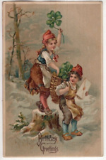 ANTIQUE BIRTHDAY Postcard    GIRL STANDING ON TREE STUMP, BOY, FOUR-LEAF CLOVERS picture