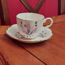 Vintage English Castle Bone China Teacup & Saucer Featuring Pink & Gray Leaves picture
