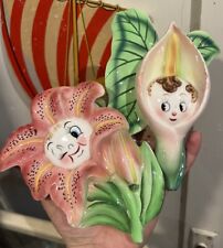 Vintage PY Anthropomorphic Face Pink Tiger Lily Flower Wall Pocket Set Of 2 picture