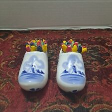 Pair of Hand Painted Numbered Blue White Holland Shoes Figurines With Tulips picture