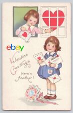 Vintage Valentine Two Girls Mail Carrier Delivers Cards to Window picture