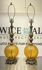 Set 2 Vintage Mid Century Hollywood Regency Amber Glass Table Lamps Pair READ picture