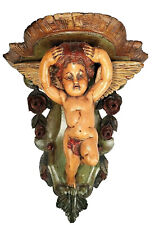 16” Carved Wood Shelf Cherup Full Figural Winged Angel Vtg Wall Decor Protection picture