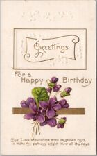 Vintage HAPPY BIRTHDAY Embossed Greetings Postcard Purple Flowers / 1910 Cancel picture