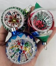 Vintage Christmas Ornaments 3pc Blown Mercury Glass Indents Multi Color Teardrop picture