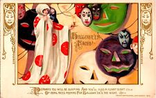 Vintage Winsch Beautiful Schmucker Girl, Masks, JOL, Pumpkin Halloween Postcard picture
