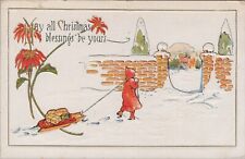 Christmas Child Pulling Sled With Presents Gifts Gate Embossed 1914 postcard JQ8 picture