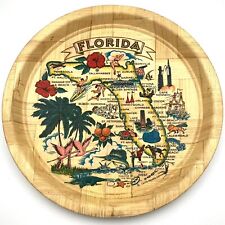 Vintage Retro Florida Souvenir Round Woven Bamboo Serving Tray State Map MCM picture