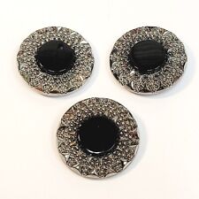 3 Vintage Black Glass Silver Floral Victorian Buttons picture